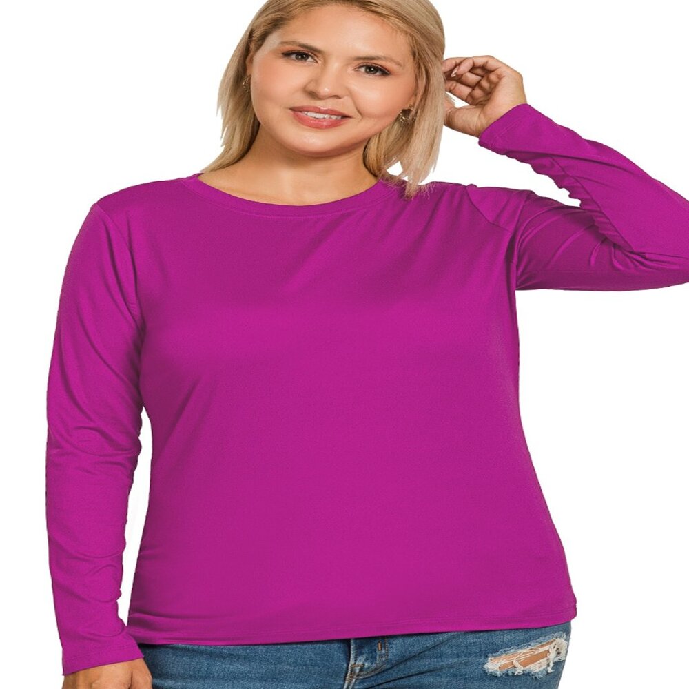Zenana Plus brushed microfiber long sleeve round neck tee Lt Plum 1X-3X